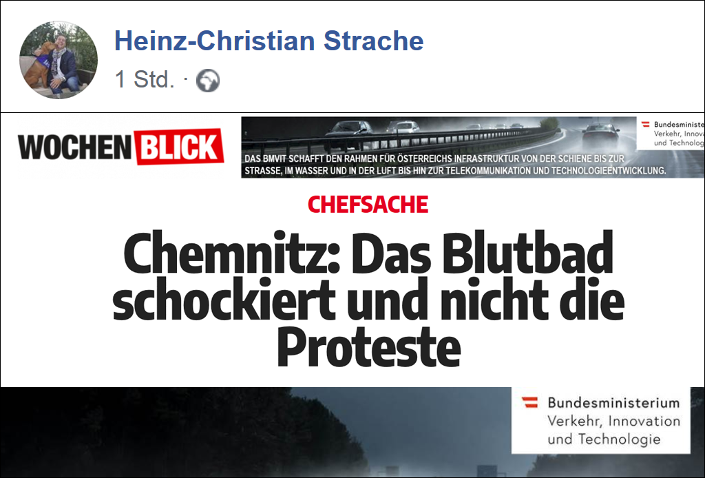 Norbert Hofer sponsert von Strache geteilten Artikel im Wochenblick, der neo-nazistische Ausschreitungen in Chemnitz beschönigt. GF Geroldinger pflegt Kontakt zu Neonazi.