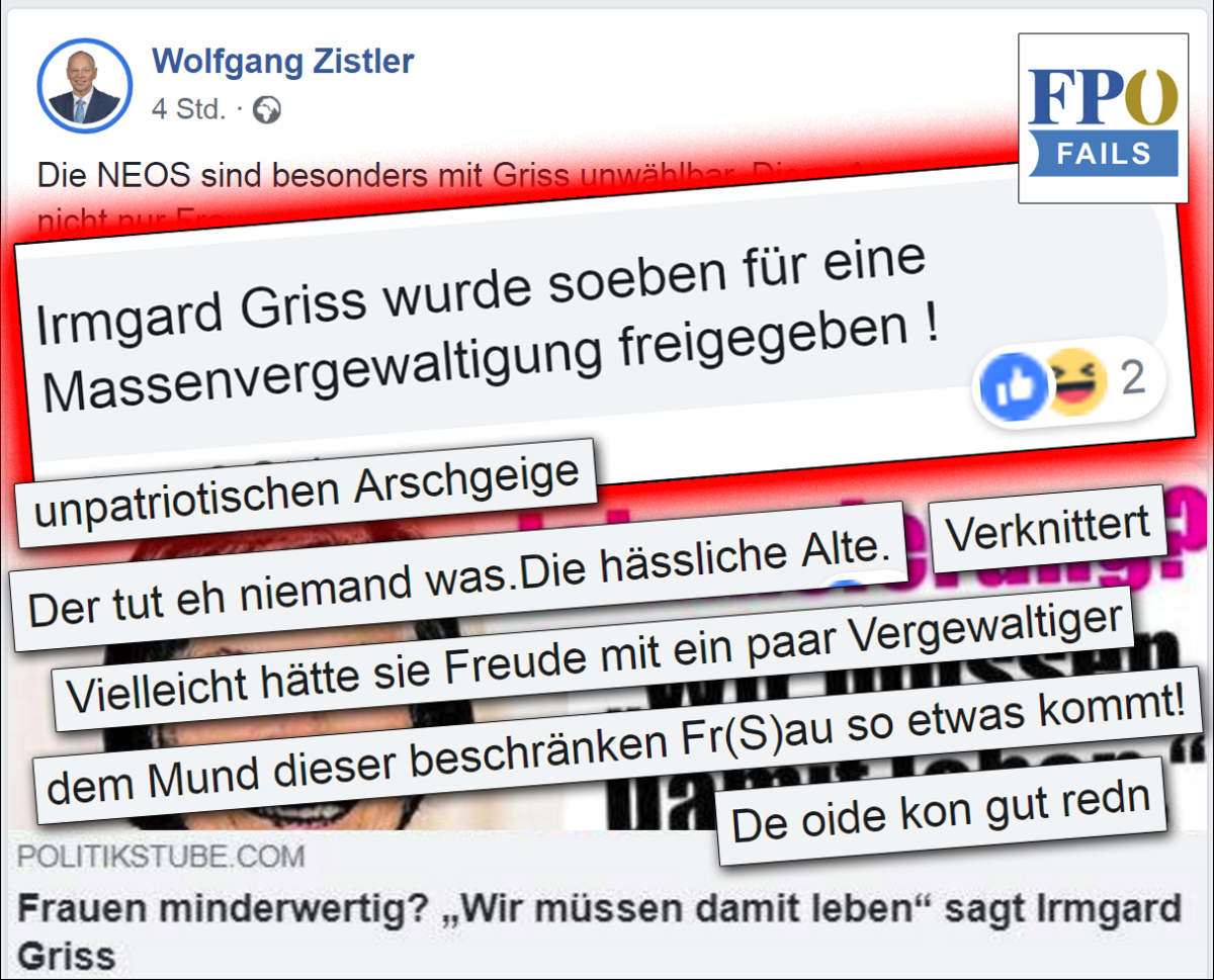„Irmgard Griss wurde soeben für eine Massenvergewaltigung freigegeben !“ – Hass im Netz bei FPÖ-GR Zistler