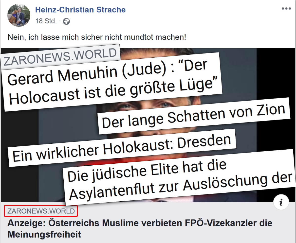 Vizekanzler Strache teilt von ZAROnews! ZAROnews publiziert übelsten Antisemitismus und Holocaustverharmlosung.