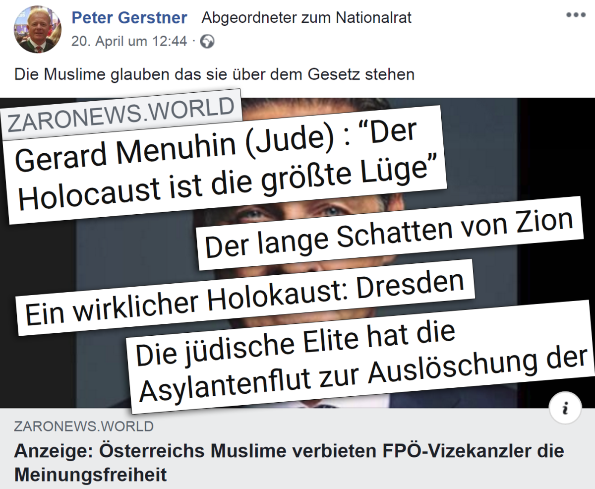 FPÖ-NAbg. Gerstner teilt ebenfalls Holocaustleugner-Medium „ZAROnews“ – FPÖ-Seite 1 Tag nach Straches Löschung